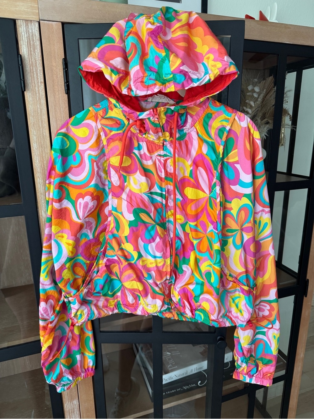 Groovy flowers windbreaker rain jacket zip up hoodie colorful floral peach love